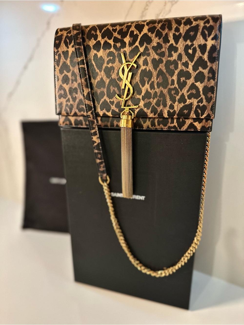 Saint Laurent Leopard Print Phone Crossbody with Gold Tassel
